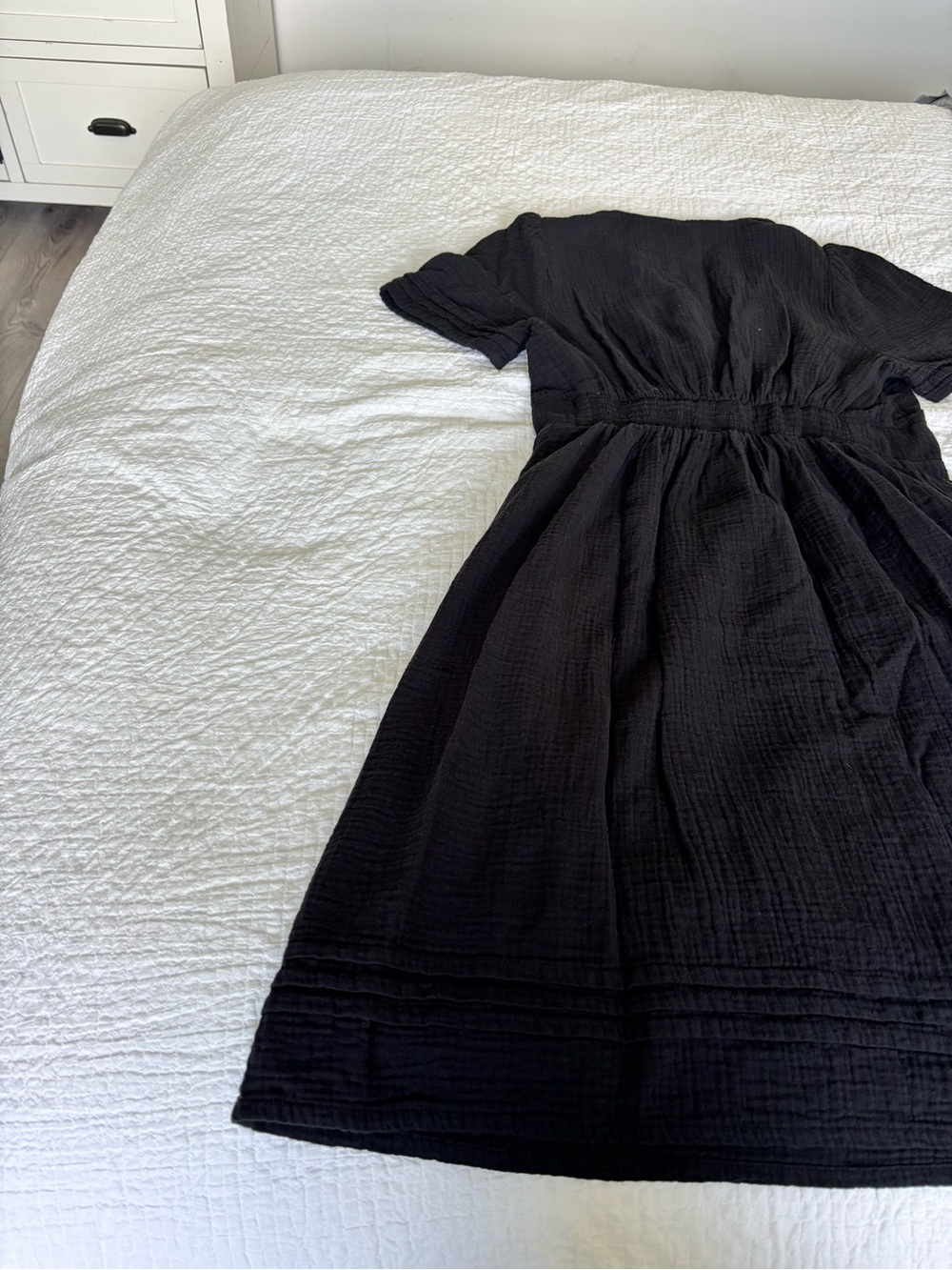 Boden 100% Cotton Black V-Neck Textured Empire Waist Dress | US 8L - Picture 12 of 12